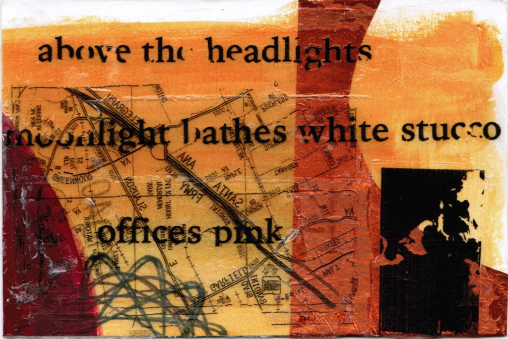 Orange hued collage with the words of the haiku overlaid in patchy black ink