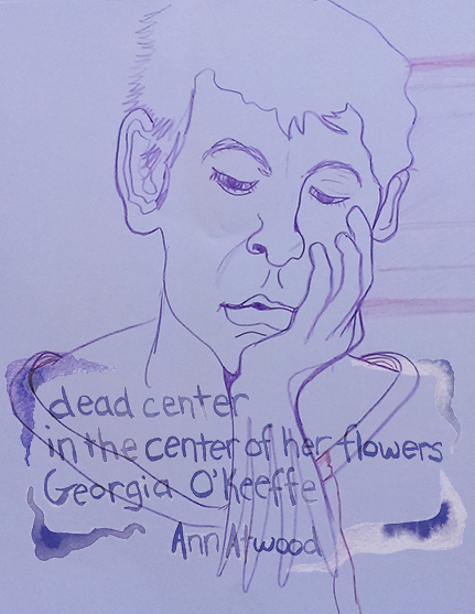 Digital collage - purple paper with line drawing of woman and overlay of "dead center" haiku