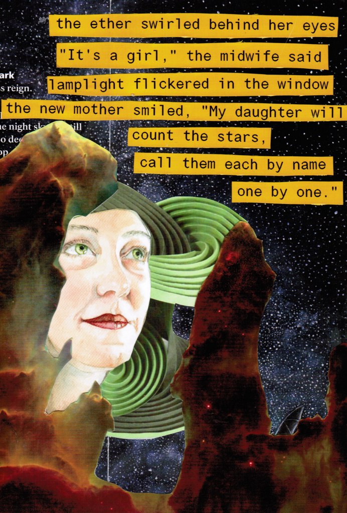 Collage of stars and star formations layered with an older woman's face and the words to the poem