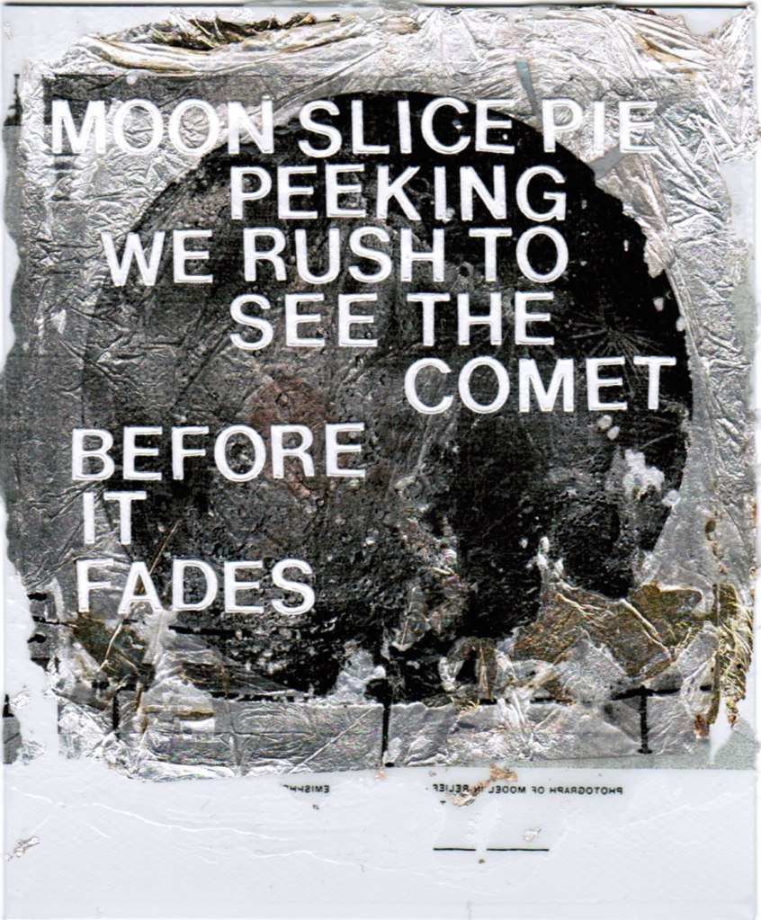 Polaroid picture that has been overlaid with silver leaf and a transfer print of a full moon and the text of the haiku
